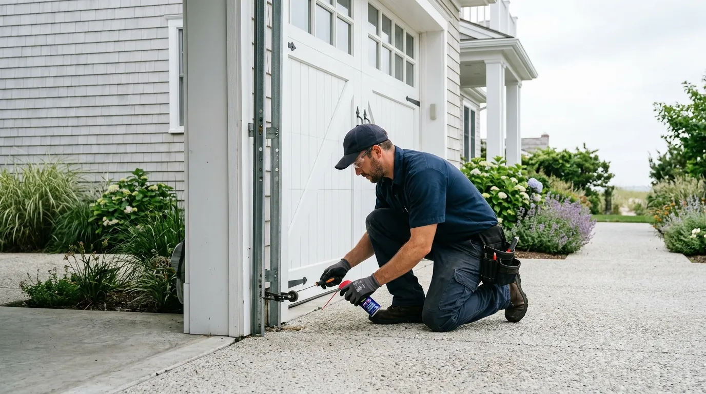 Garage door technician repairing an older residential garage door in Chicopee Massachusetts