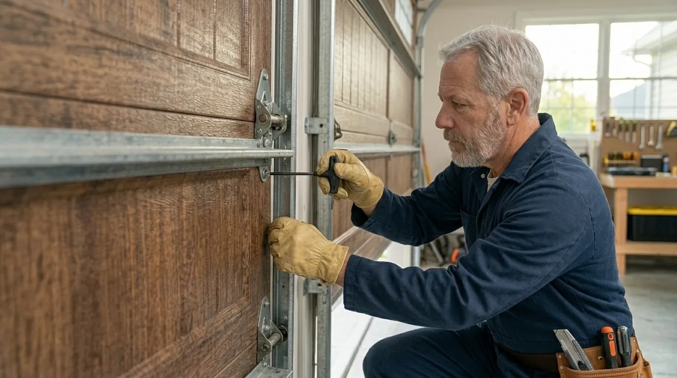 Technician inspecting garage door springs rollers tracks and opener